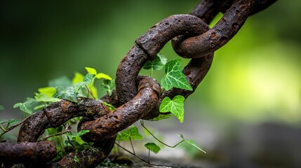 pronouncement. Thick rusted iron chains broken apart by vigorous green vines in natural light. ESG reports, sustainability campaigns, designed for sustainability communications and ESG reporting.