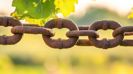 pronouncement. Thick rusted iron chains broken apart by vigorous green vines in natural light. ESG reports, sustainability campaigns, designed for sustainability communications and ESG reporting.