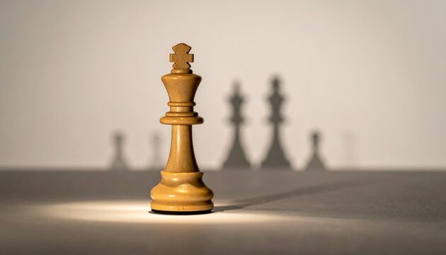 Illuminated chess king symbolizes strategic leadership, foresight, and individual power, casting long, blurred shadows of influence, embodying the concept of profound control