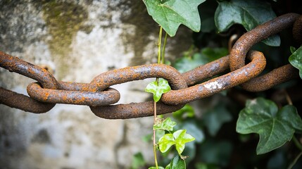 pronouncement. Thick rusted iron chains broken apart by vigorous green vines in natural light. ESG reports, sustainability campaigns, designed for sustainability communications and ESG reporting.