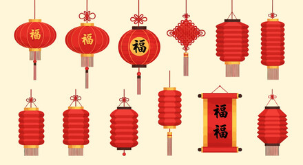 Red Chinese Lanterns and Decorations Vector Set. Traditional Asian New Year Spring Festival Symbols with F&uacute; Characters for Good Luck.