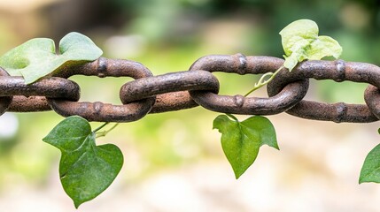 pronouncement. Thick rusted iron chains broken apart by vigorous green vines in natural light. ESG reports, sustainability campaigns, designed for sustainability communications and ESG reporting.