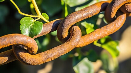 pronouncement. Thick rusted iron chains broken apart by vigorous green vines in natural light. ESG reports, sustainability campaigns, designed for sustainability communications and ESG reporting.