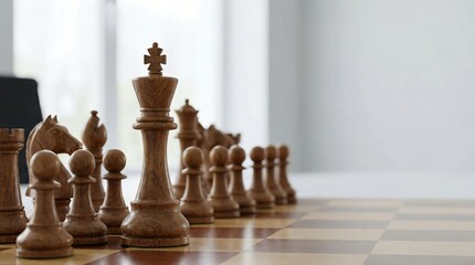 Wooden chess pieces lined up on a chessboard in a bright minimalist setting