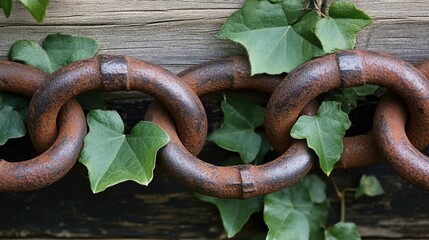 pronouncement. Thick rusted iron chains broken apart by vigorous green vines in natural light. ESG reports, sustainability campaigns, designed for sustainability communications and ESG reporting.