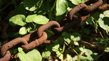 pronouncement. Thick rusted iron chains broken apart by vigorous green vines in natural light. ESG reports, sustainability campaigns, designed for sustainability communications and ESG reporting.