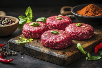 Freshly prepared gourmet beef patties with herbs and spices on rustic wooden board