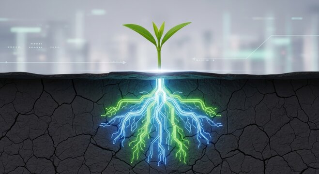 startup seed technology growth nature concept. Young green plant with digital circuit roots in soil symbolizing tech growth.