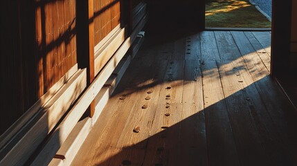 engawa. Wooden floorboards dividing shadowy interior and sunlit garden. travel magazines, destination branding, designed for travel destination branding, used by videographers.