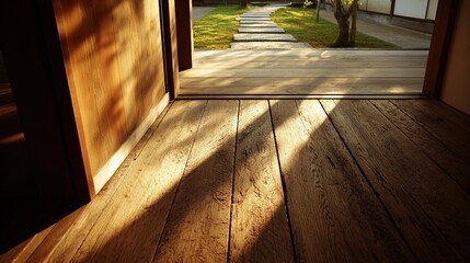 engawa. Wooden floorboards dividing shadowy interior and sunlit garden. travel magazines, destination branding, designed for travel destination branding, used by videographers.