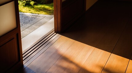 engawa. Wooden floorboards dividing shadowy interior and sunlit garden. travel magazines, destination branding, designed for travel destination branding, used by videographers.