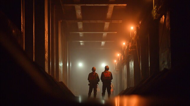 caisson. Interior of a submerged caisson with workers in safety gear. real-estate listings, architecture portfolios, designed for interior renovation comparisons for interiors.