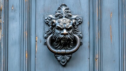 doorway. Ornate metal door knocker with a family crest on an ancient castle door. real-estate listings, architecture portfolios, designed for architectural facade and classical detail presentations.