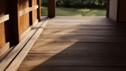 engawa. Wooden floorboards dividing shadowy interior and sunlit garden. travel magazines, destination branding, designed for travel destination branding, used by videographers.