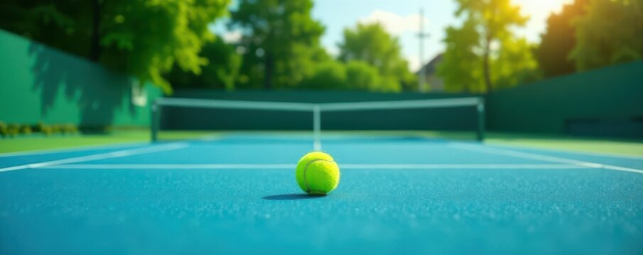 Sunny day, blue & green tennis court, tennis ball in center , ball, day
