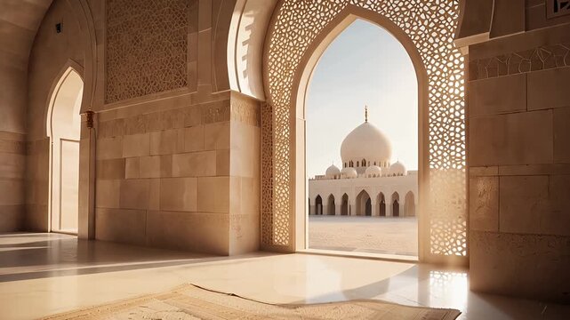 arched mosque interior with courtyard and dome visible through arches