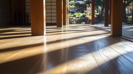 engawa. Wooden floorboards dividing shadowy interior and sunlit garden. travel magazines, destination branding, designed for travel destination branding, used by videographers.
