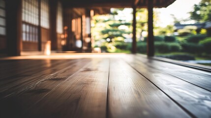 engawa. Wooden floorboards dividing shadowy interior and sunlit garden. travel magazines, destination branding, designed for travel destination branding, used by videographers.