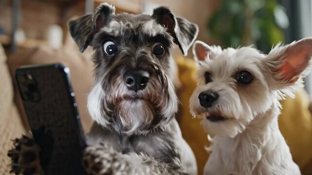 Two dogs look at a phone with comical, wide-eyed expressions