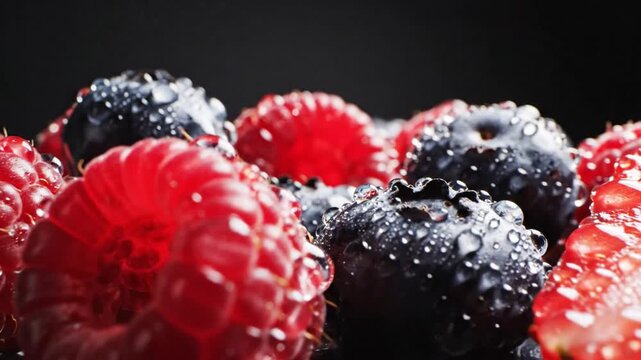 Close up of fresh raspberries and blueberries with water droplets on a dark background for healthy food and fruit advertising