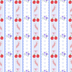 Cute Cherry Floral Seamless Stripe Pattern