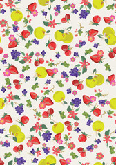 Seamless mixed fruit pattern. Summer strawberry, grape, and apple background. Fresh organic food textile design.