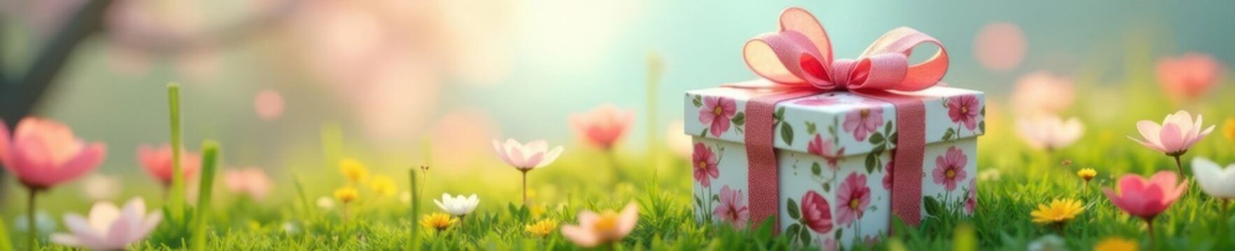 Ultrarealistic gift box, floral ribbon, spring meadow backdrop, present, bow