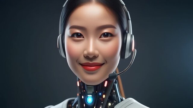 Ultra-realistic portrait of a welcoming AI robot, a human-like assistant with a headset