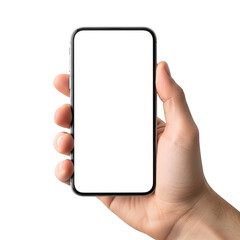 A person holding a smartphone with a blank screen against a white background isolated on transparent background