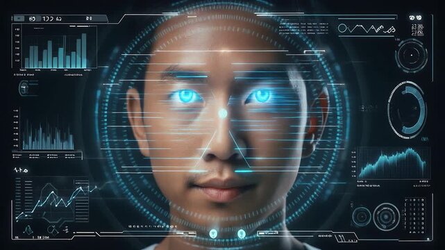 Futuristic AI Face Scan with Glowing Blue Eyes and Data Visualizations