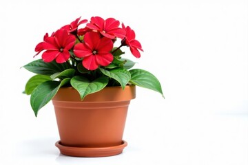 Vibrant red blooms in a terracotta pot, isolated , colorful, white background, decoration