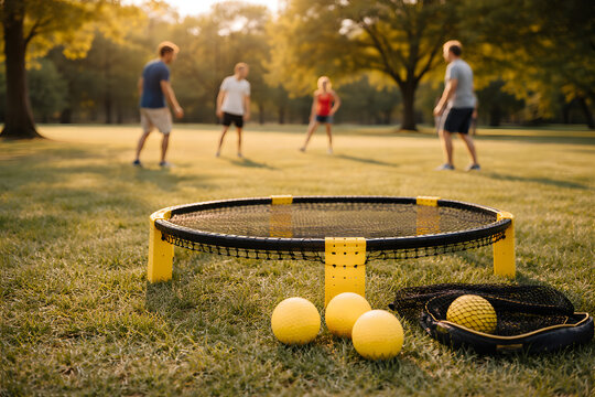 Spikeball Game Set on Grass with Friends Playing in Park at Sunset