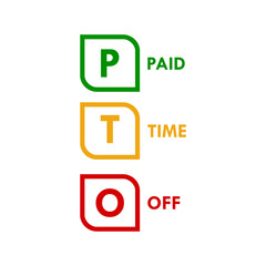 PTO paid time off logo featuring money, clock, and beach umbrella icons in green, yellow, and red circles. Isolated vector illustration for HR and employee benefits