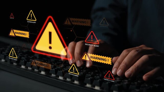 Hands typing on a keyboard with holographic warning alerts and security symbols indicating cyber threats and system vulnerabilities in digital environment Gluon.