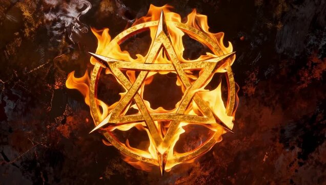 Burning metal satanic symbols 6 pointed star fiery loop