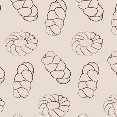 Fototapeta premium Seamless bakery pattern with pretzel and braided bread in hand drawn monoline style. Minimal food repeat background for packaging and textile design.