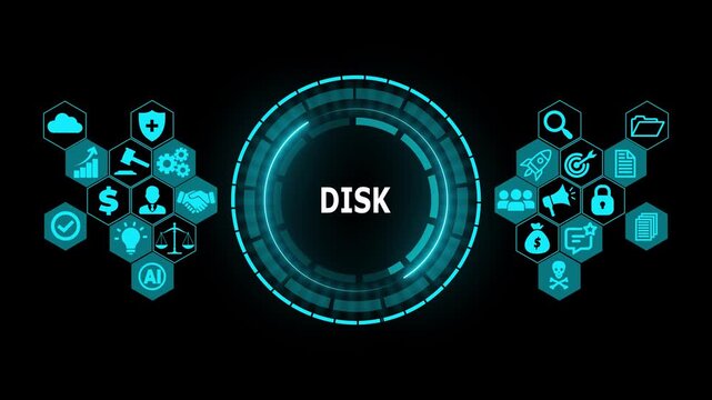 Futuristic DISK Digital Storage Interface with HUD Circle, Data Recording and Computer Hardware Technology Concept Abstract Motion Graphics Loop Background