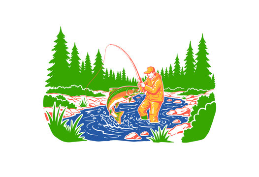 Fisherman catches big trout artwork for t-shirt design. Angler standing in river vintage design. Fishing club adventure graphic print. Fly fishing vin