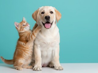 Fototapeta premium adorable puppy and kitty Shelter dogs, take a dog home, pets, shelter for dogs and cats, faithful friend for advertising, for banners. High quality