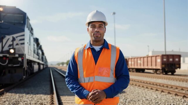 Male railway worker in orange safety vest and white hard hat. Smiling man standing on tracks with blue locomotive in background. Transportation and logistics concept