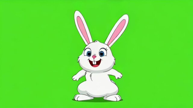 Playful white cartoon rabbit standing happily on a bright green background in a friendly illustration.