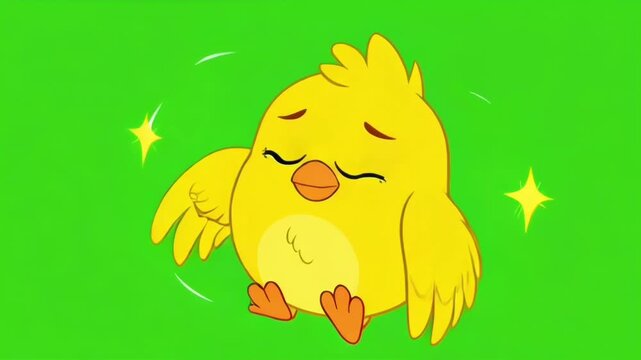 Cheerful yellow cartoon chick stretching its wings in a bright green background with cheerful expression.