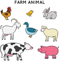 Obraz premium Organic farm livestock silhouettes and detailed drawings icon set vector