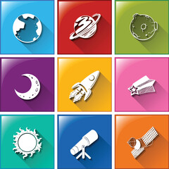 Solar system and galaxy icons featuring saturn and earth vector © Buddhadeb