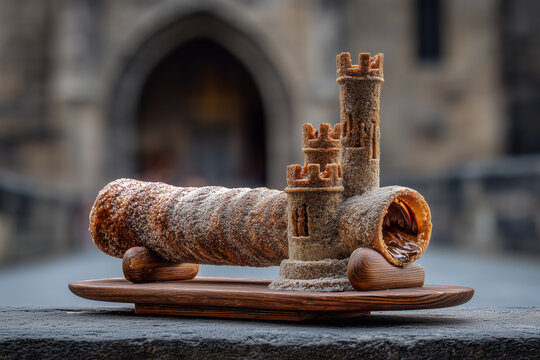 Traditional Czech chimney cake with sugar coating on wooden plate outdoor historic setting