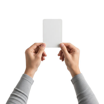 A person holding a blank white card with both hands against a white background. isolated on transparent background