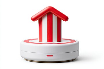 Stylized cylindrical object with striped red/white section, red roof on a white base