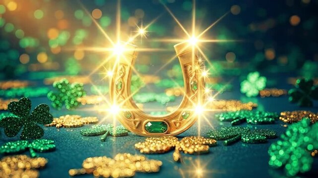 Golden horseshoe with green gemstones and shamrocks on a shimmering green surface. Symbol for luck and Irish culture. St. Patricks Day celebration.