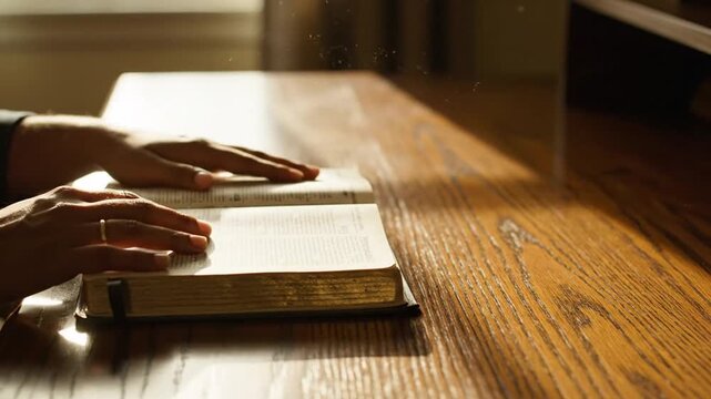 Close up of a person s hands reading a book on a wooden table in a cozy room with warm lighting creating an inviting atmosphere