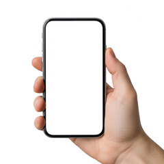 A hand holding a smartphone with a blank screen against a white background isolated on transparent background